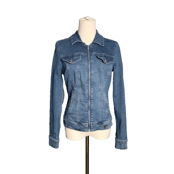 Guess Jacket Med Rigby Denim Moto Zip Distressed Blue Jean Stretch Denim Zip - Picture 3 of 17